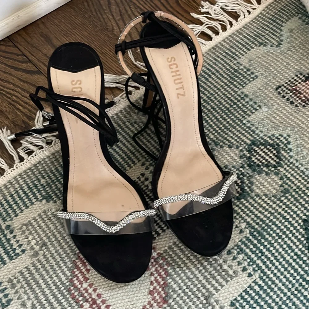 Schutz Cath Black Tie Up Rhinestone Embellished Clear Open Toe Heeled Sandals - Picture 7 of 8